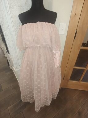 Impressions Blush Pink Polka Dot Off-Shoulder Tulle Dress